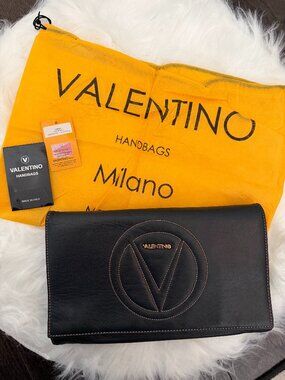 Mario Valentino Lena Leather Shoulder Bag Black Gold Logo Dust Bag